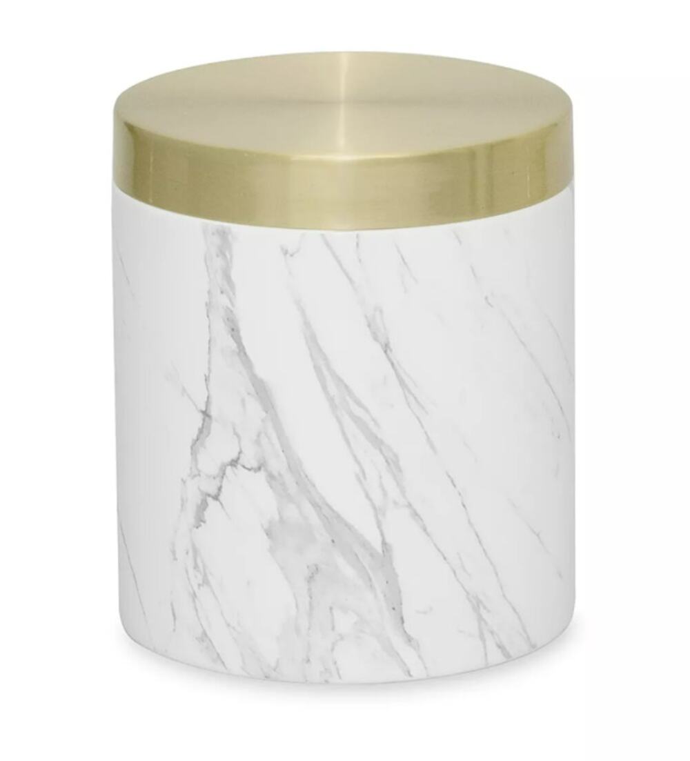 DKNY Faux Marble Jar with Gold Tone Lid Mixed Media Cover White Gray Black NWT